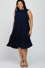 PinkBlush Luxurious Navy Ribbed Sleeveless Plus Maternity Midi Dress for Expecting Moms - 