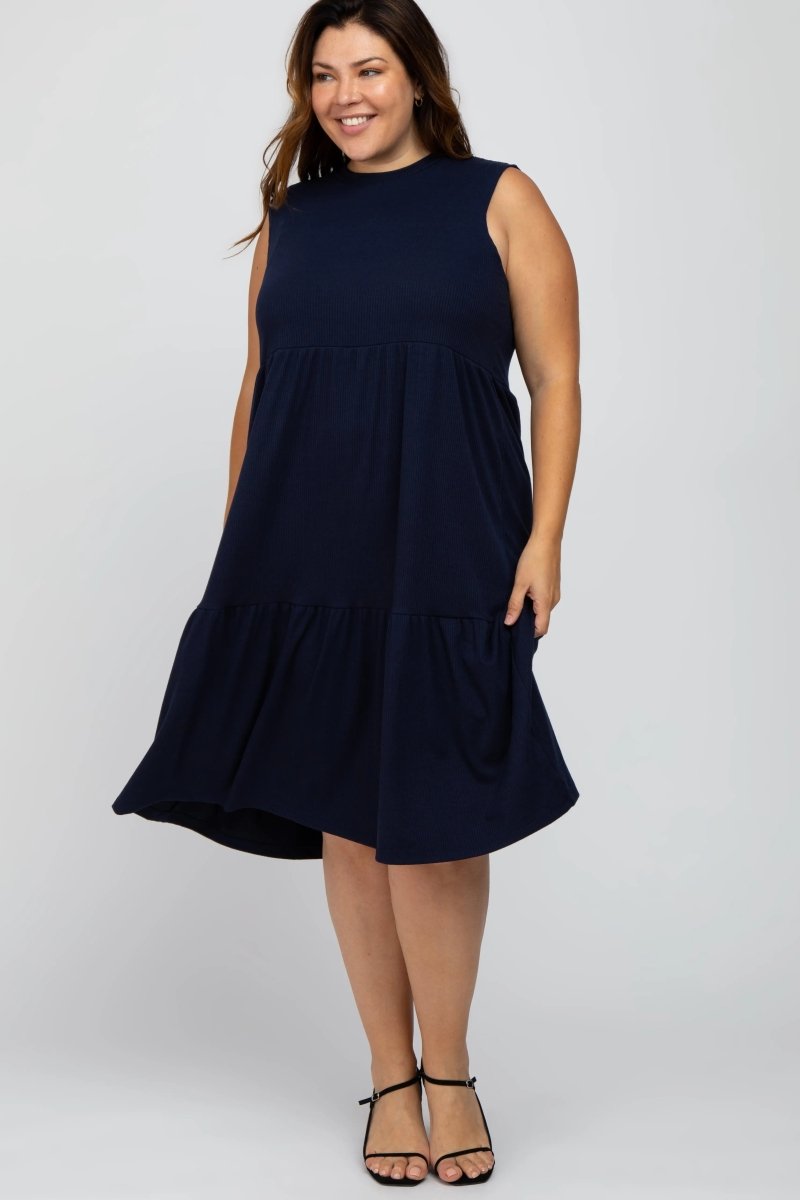 PinkBlush Luxurious Navy Ribbed Sleeveless Plus Maternity Midi Dress for Expecting Moms - 