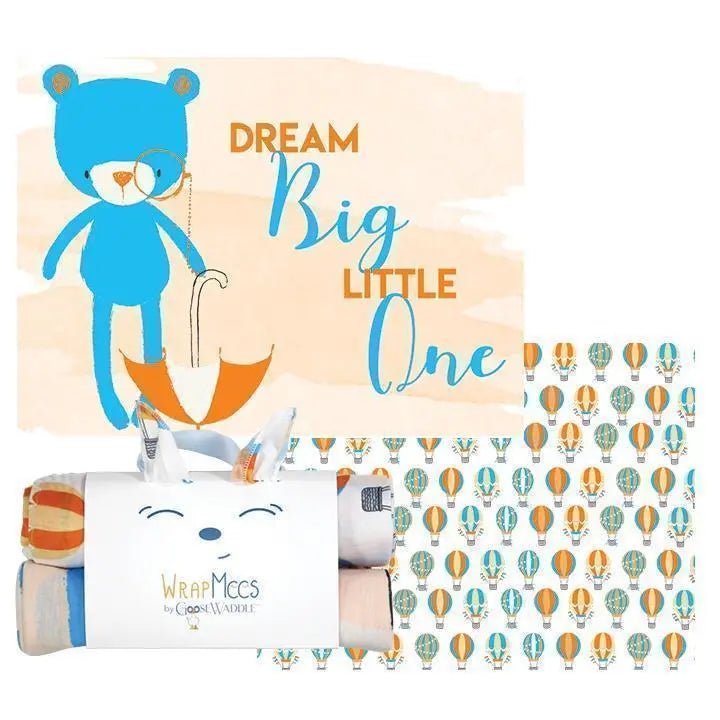 Goosewaddle® | Newborn Baby Blankets Toys Teethers Bibs & More Luxurious Receiving Blankets Set with Bear & Hot Air Balloons