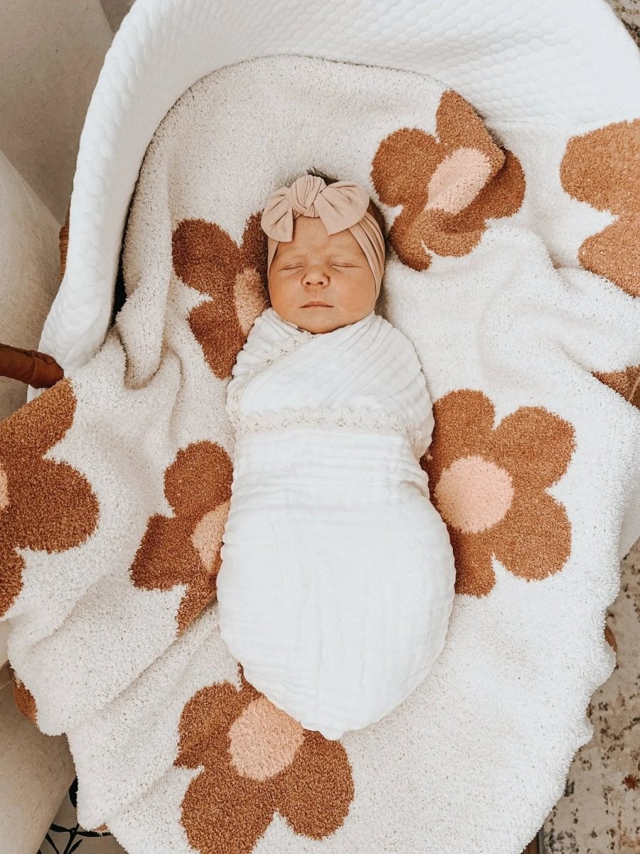 Harp Angel Boutique Luxury Muslin Baby Blanket with Cream Lace for Gentle Infant Comfort - 