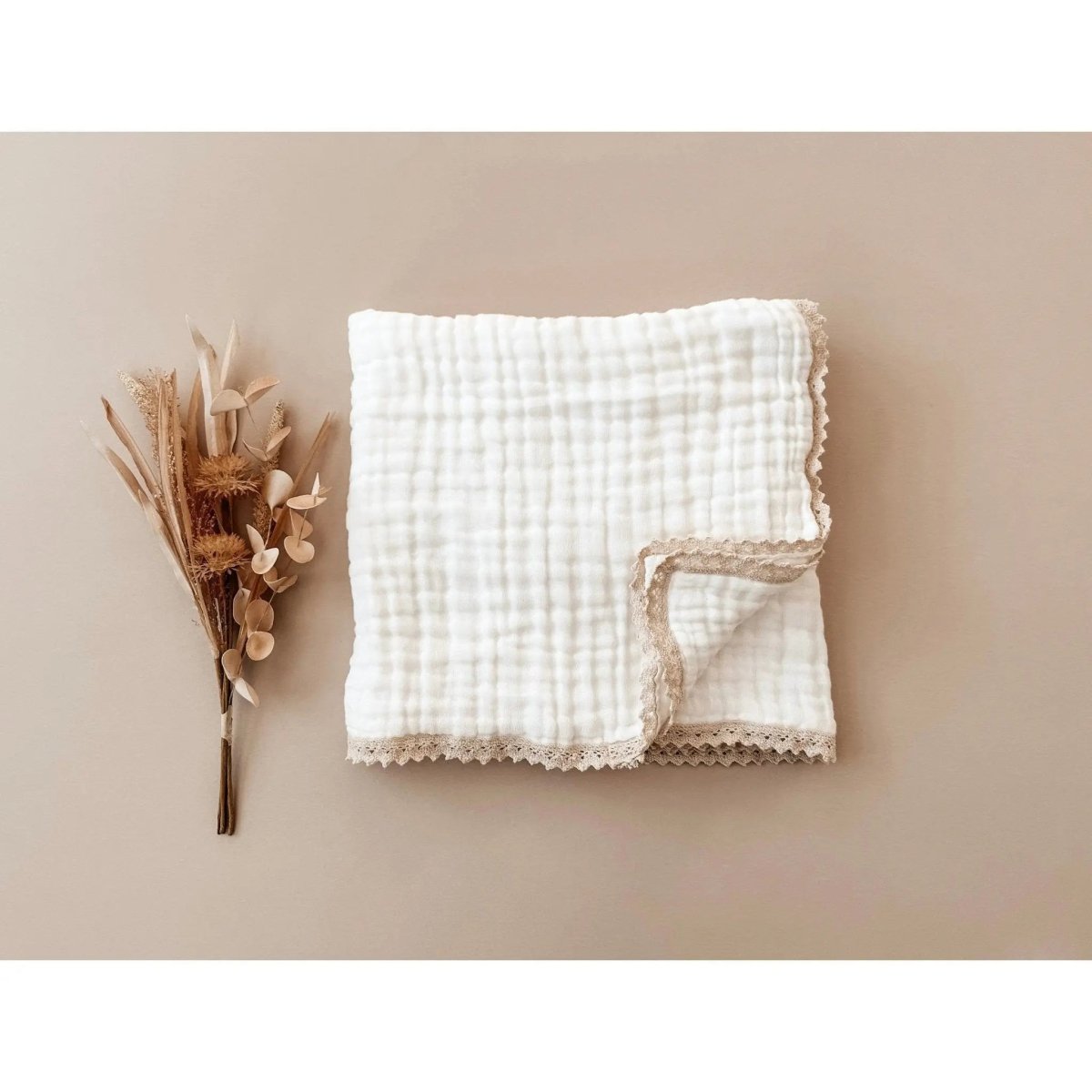 Harp Angel Boutique Luxury Muslin Baby Blanket with Cream Lace for Gentle Infant Comfort - 