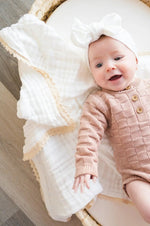 Harp Angel Boutique Luxury Muslin Baby Blanket with Cream Lace for Gentle Infant Comfort - 