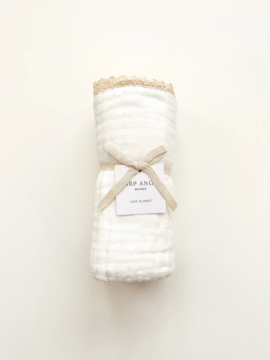Harp Angel Boutique Luxury Muslin Baby Blanket with Cream Lace for Gentle Infant Comfort - 