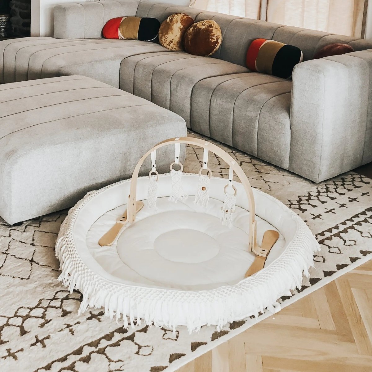 Finn + Emma Macrame Round Play Mat Extra Large Organic Cotton Boho Chic Design Removable Machine Washable Cover -
