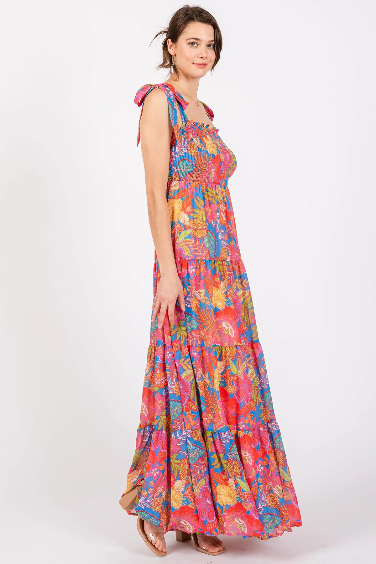 PinkBlush Magenta Floral Shoulder Tier Smocked Maxi Dress - 