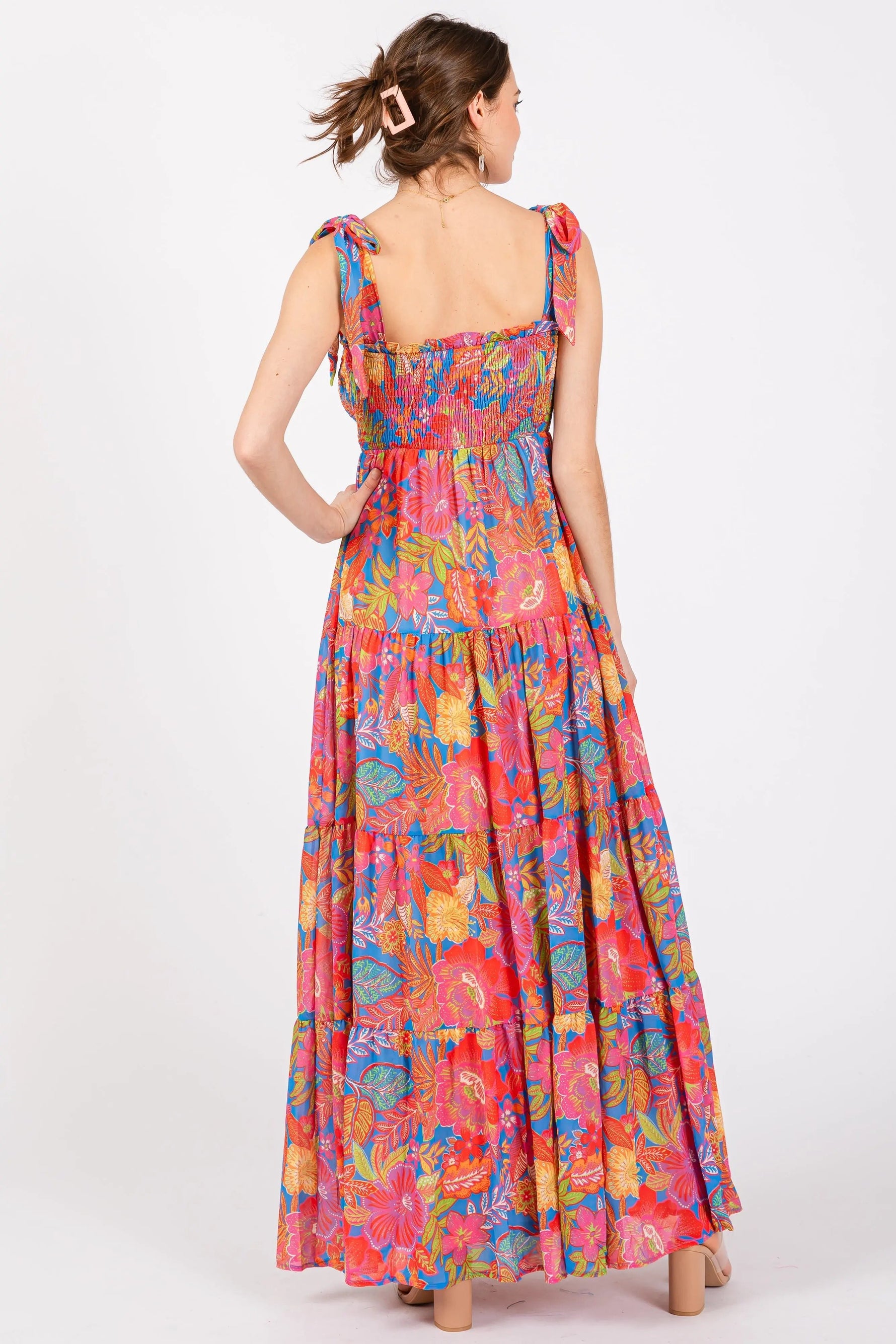 PinkBlush Magenta Floral Shoulder Tier Smocked Maxi Dress - 