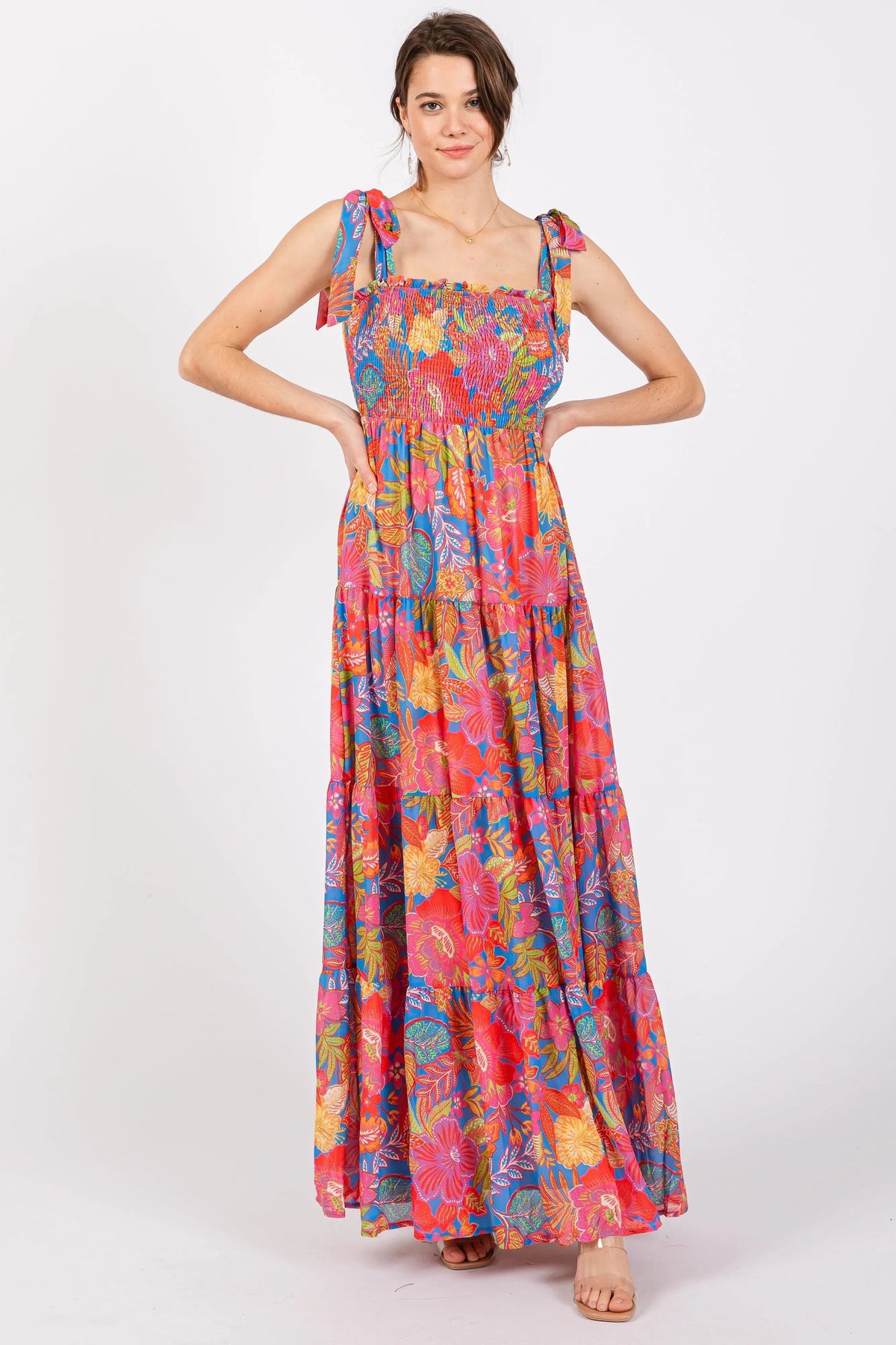 PinkBlush Magenta Floral Shoulder Tier Smocked Maxi Dress - 