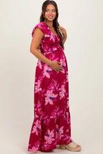PinkBlush Magenta Floral Smocked Cinched Top Maternity Maxi Dress - 