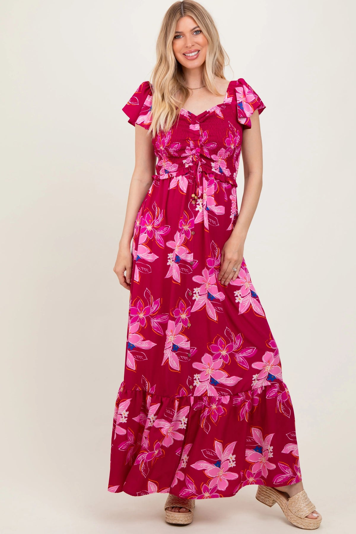 PinkBlush Magenta Floral Smocked Cinched Top Maternity Maxi Dress - 