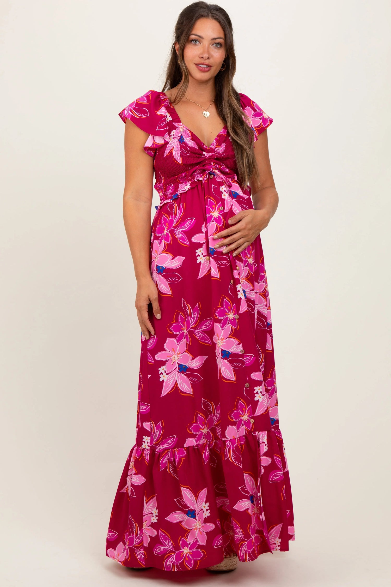 PinkBlush Magenta Floral Smocked Cinched Top Maternity Maxi Dress - 