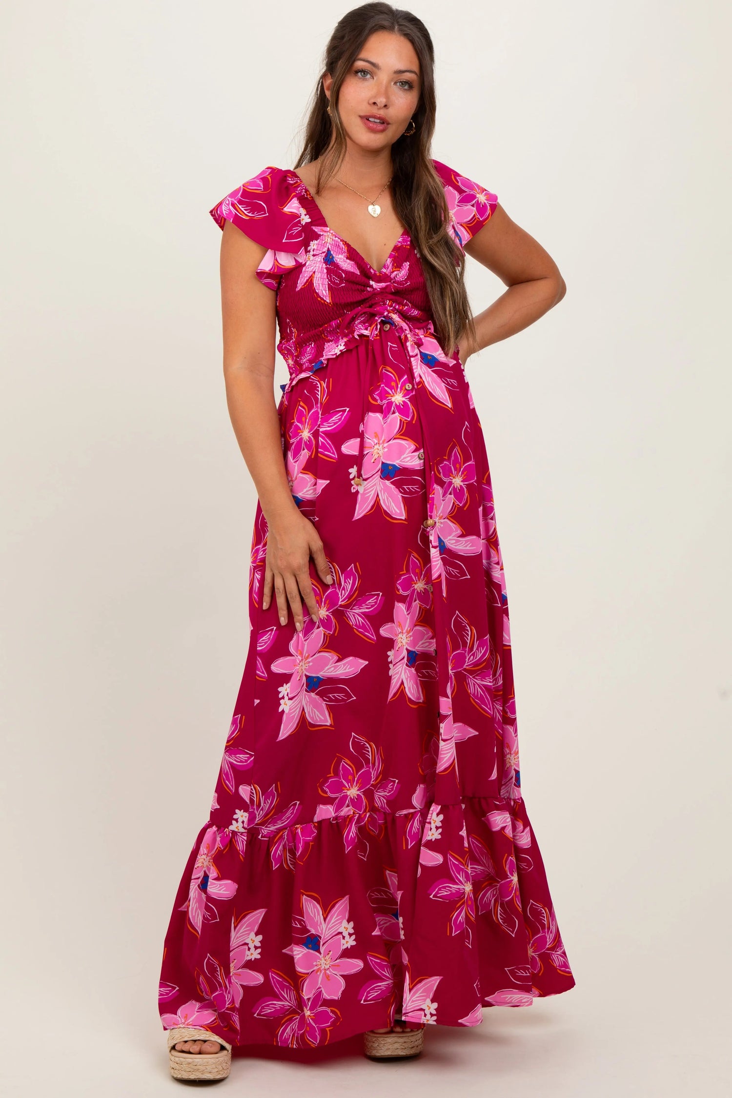 PinkBlush Magenta Floral Smocked Cinched Top Maternity Maxi Dress - 