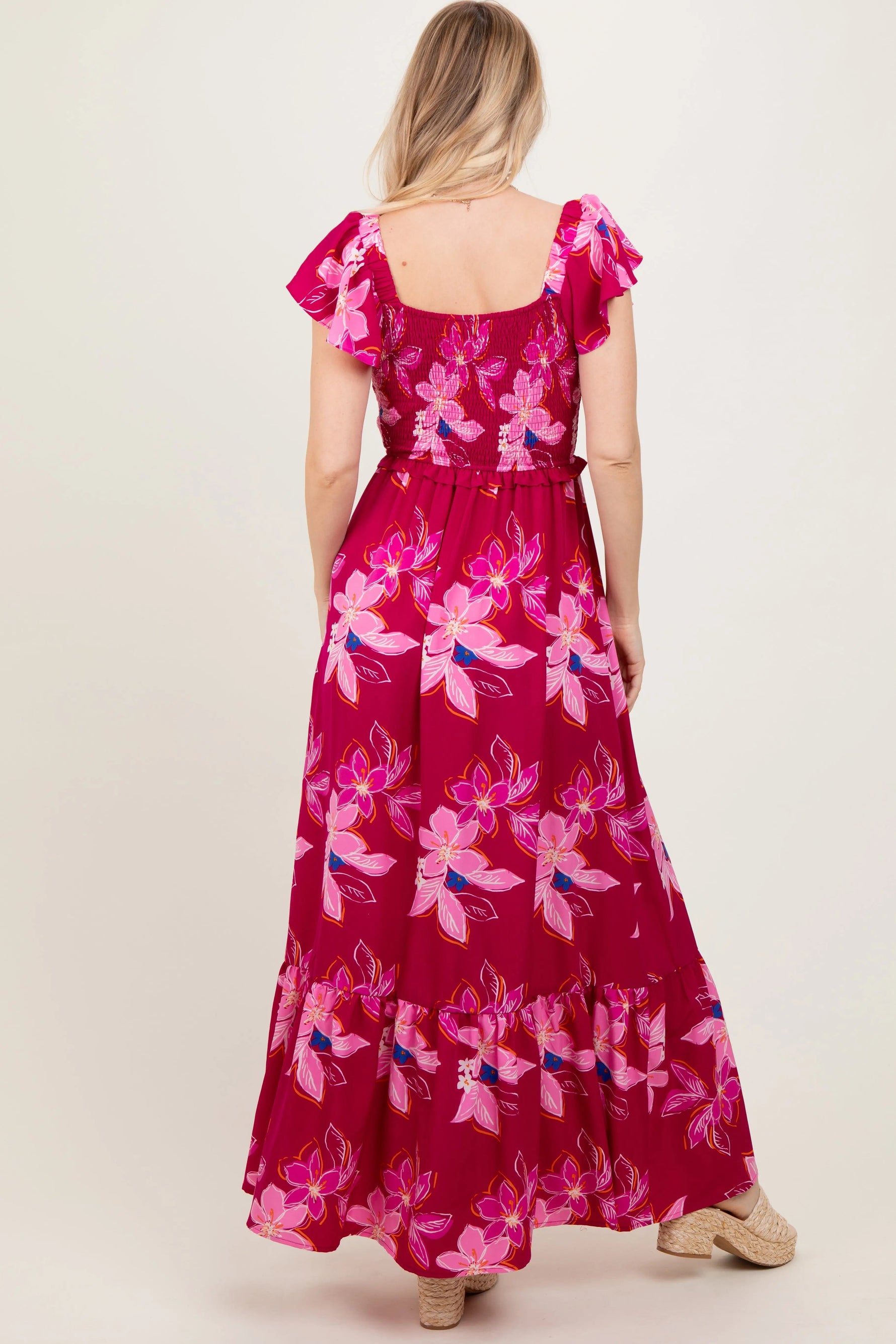 PinkBlush Magenta Floral Smocked Cinched Top Maxi Dress - 