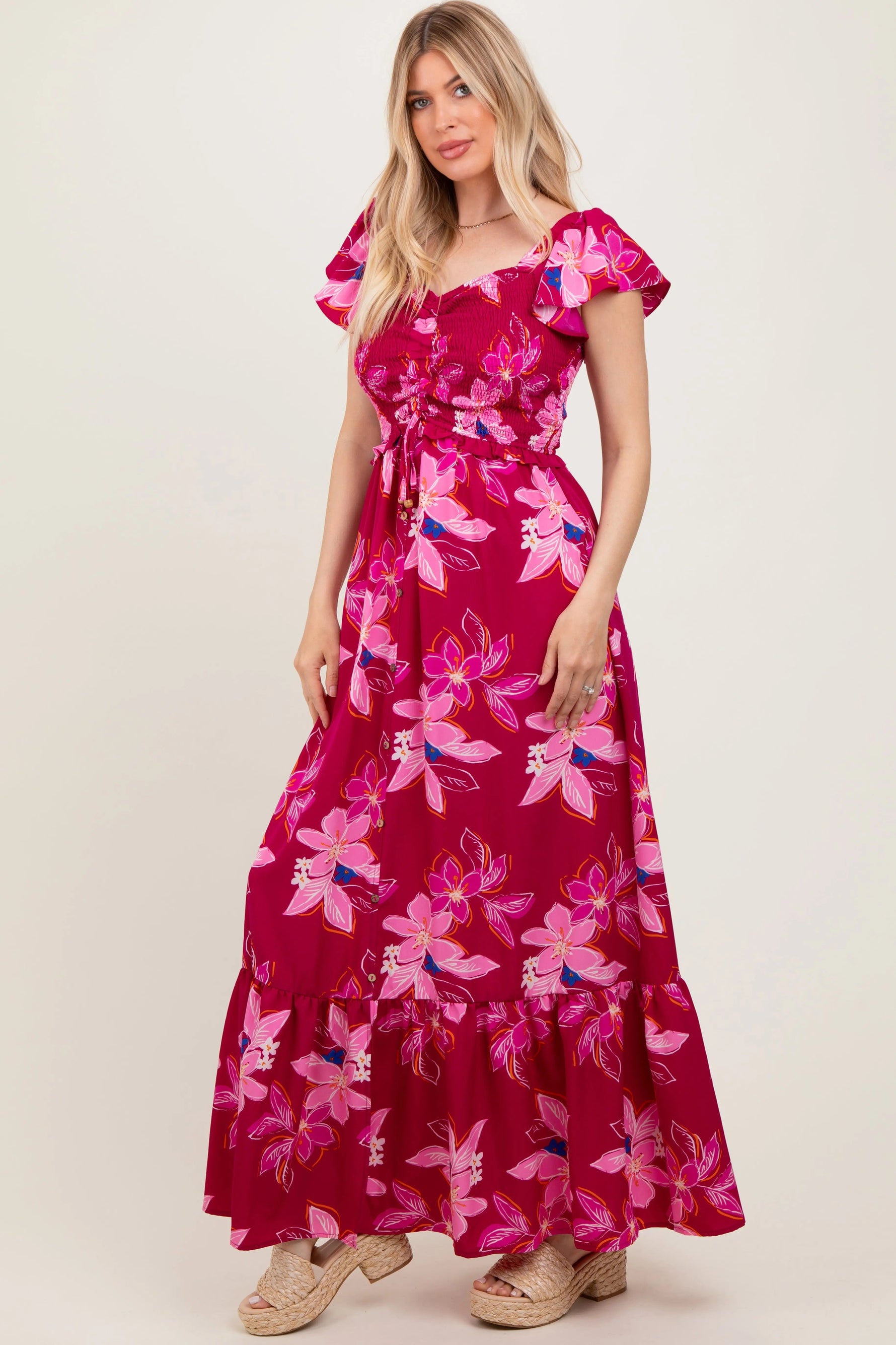 PinkBlush Magenta Floral Smocked Cinched Top Maxi Dress - 