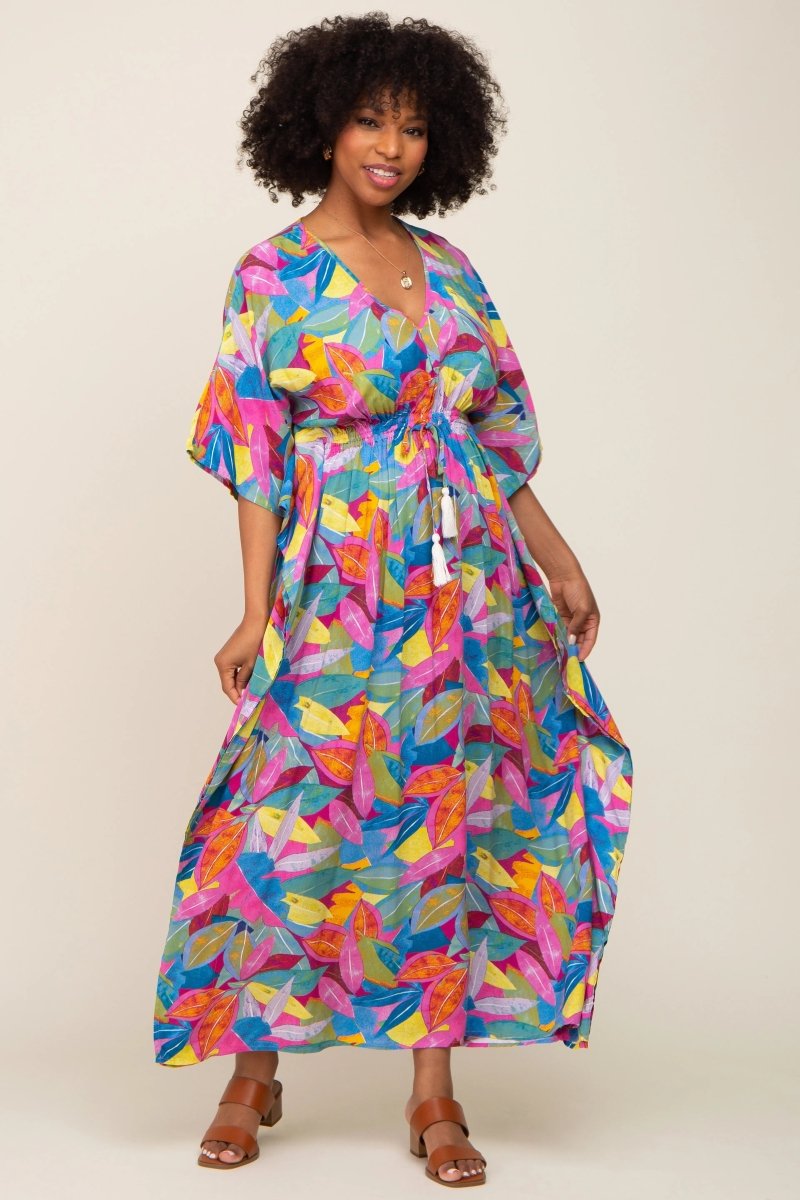 PinkBlush Magenta Maternity Maxi Dress with Leaf Print and Tassel Tie for Stylish Moms - 