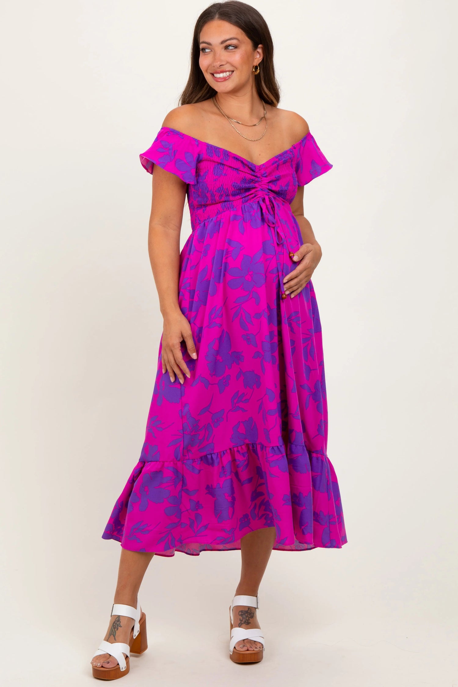 PinkBlush Magenta Multi Smocked Top Maternity Maxi Dress - 