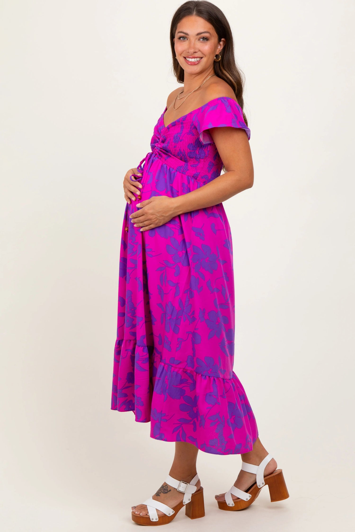 PinkBlush Magenta Multi Smocked Top Maternity Maxi Dress - 