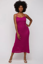 PinkBlush Magenta Open Knit Crochet Midi Dress with Adjustable Straps for Summer Fashion - 