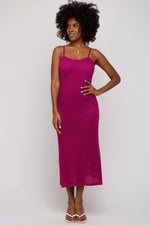 PinkBlush Magenta Open Knit Crochet Midi Dress with Adjustable Straps for Summer Fashion - 