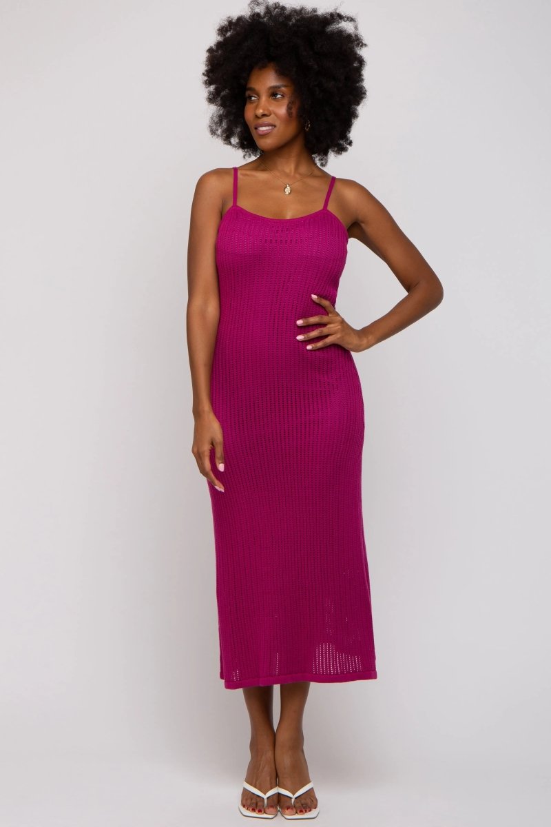 PinkBlush Magenta Open Knit Crochet Midi Dress with Adjustable Straps for Summer Fashion - 