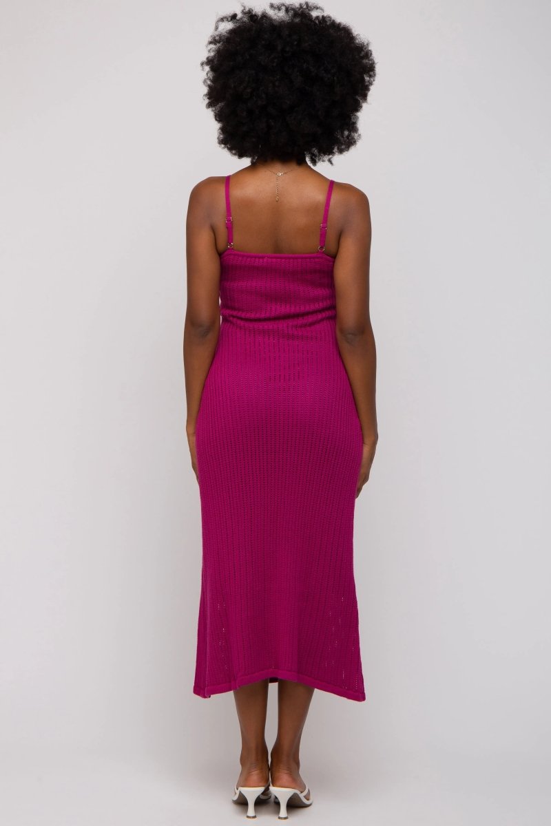 PinkBlush Magenta Open Knit Crochet Midi Dress with Adjustable Straps for Summer Fashion - 