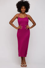 PinkBlush Magenta Open Knit Crochet Midi Dress with Adjustable Straps for Summer Fashion - 