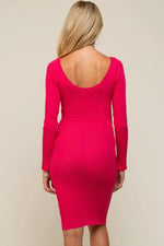 PinkBlush Magenta Ribbed Knit Long Sleeve Fitted Maternity Dress for Expecting Moms - 