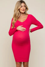 PinkBlush Magenta Ribbed Knit Long Sleeve Fitted Maternity Dress for Expecting Moms - 