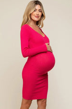 PinkBlush Magenta Ribbed Knit Long Sleeve Fitted Maternity Dress for Expecting Moms - 