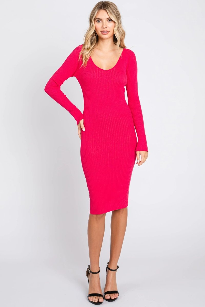 PinkBlush Magenta Ribbed Knit Long Sleeve Fitted Maternity Dress for Expecting Moms - 