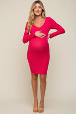 PinkBlush Magenta Ribbed Knit Long Sleeve Fitted Maternity Dress for Expecting Moms - 