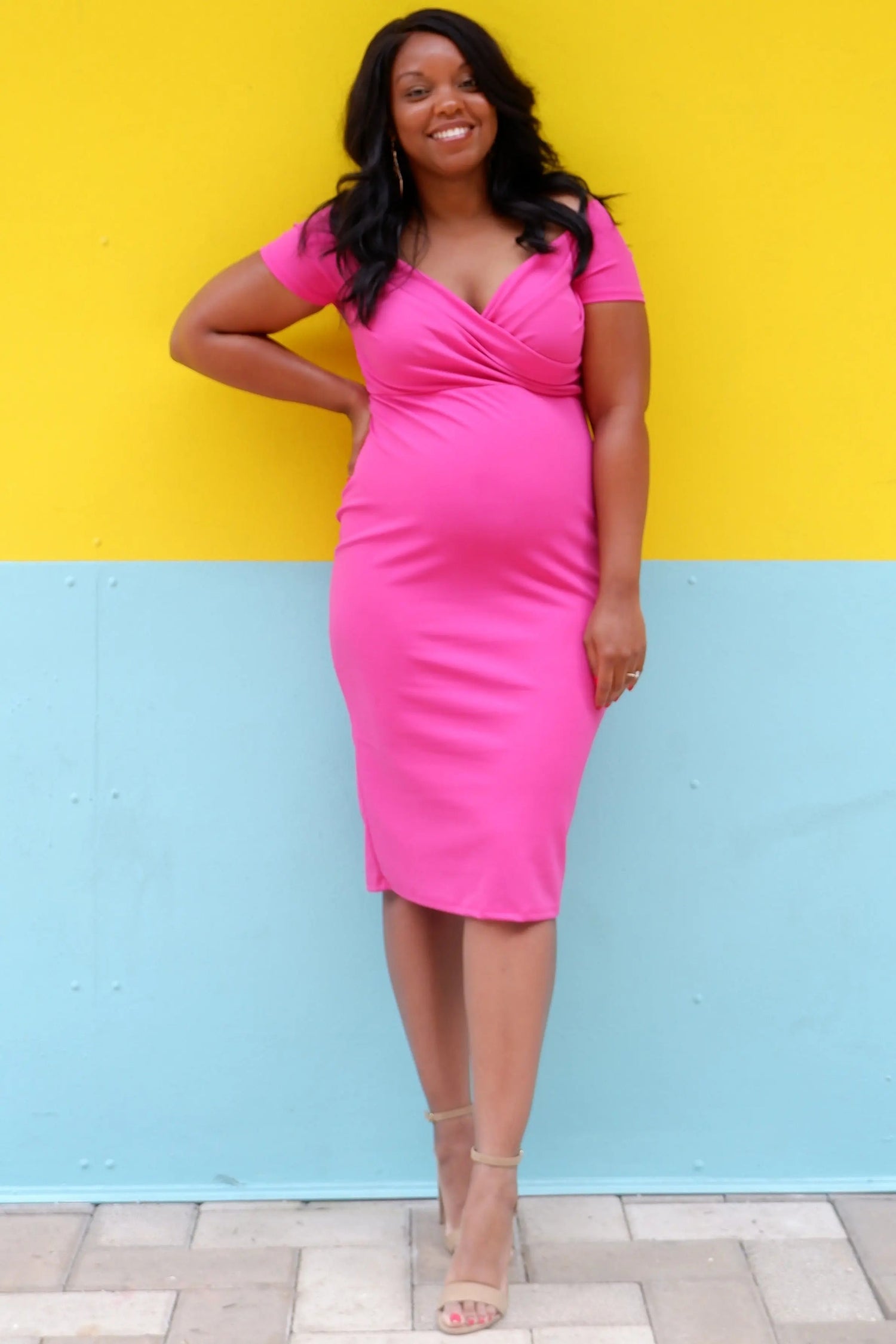 Magenta Solid Off Shoulder Maternity Fitted Dress - Dress, Beauty, Fashion, One-piece garment, Pink | Everetts Place