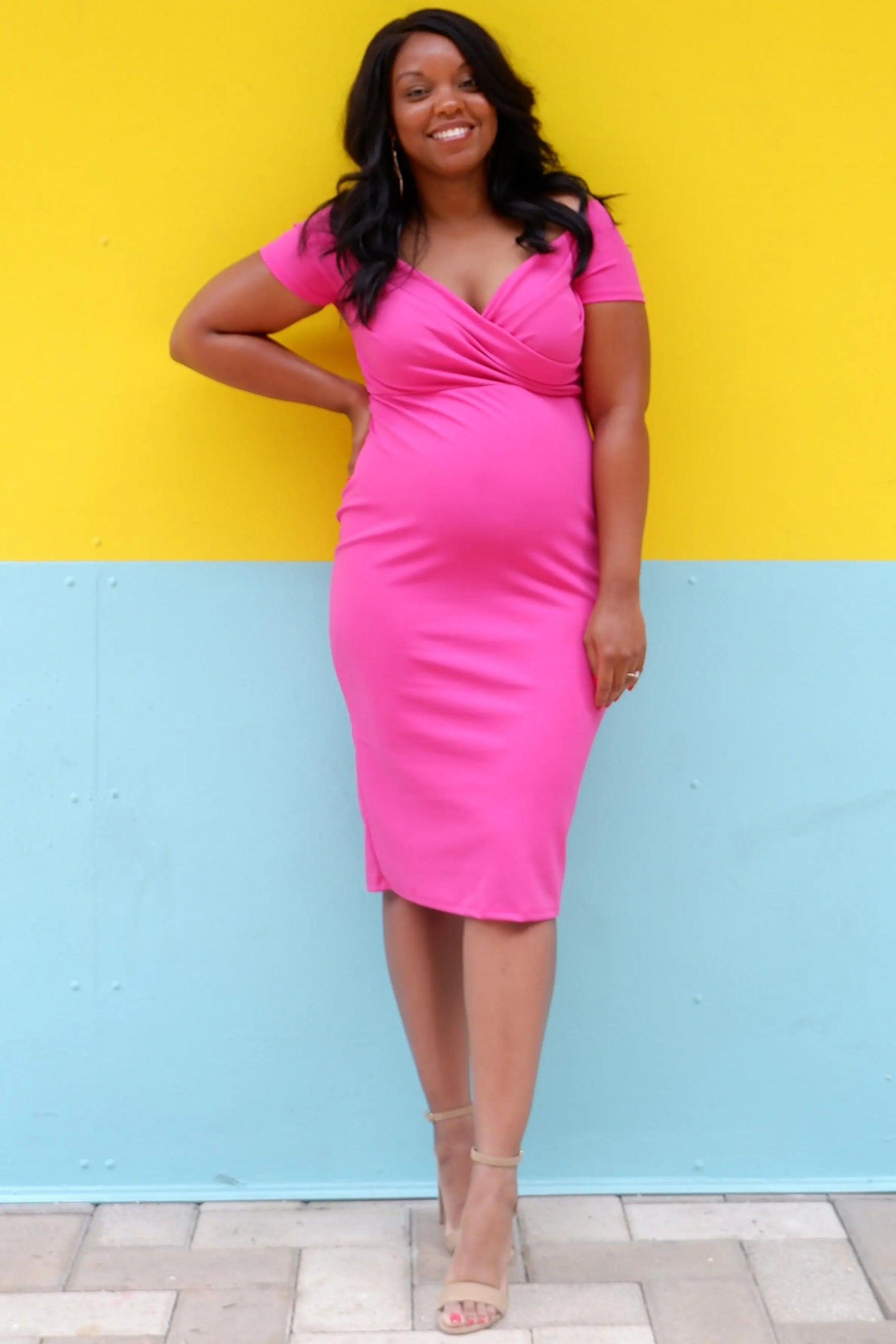 Magenta Solid Off Shoulder Maternity Fitted Dress - Dress, Beauty, Fashion, One-piece garment, Pink | Everetts Place