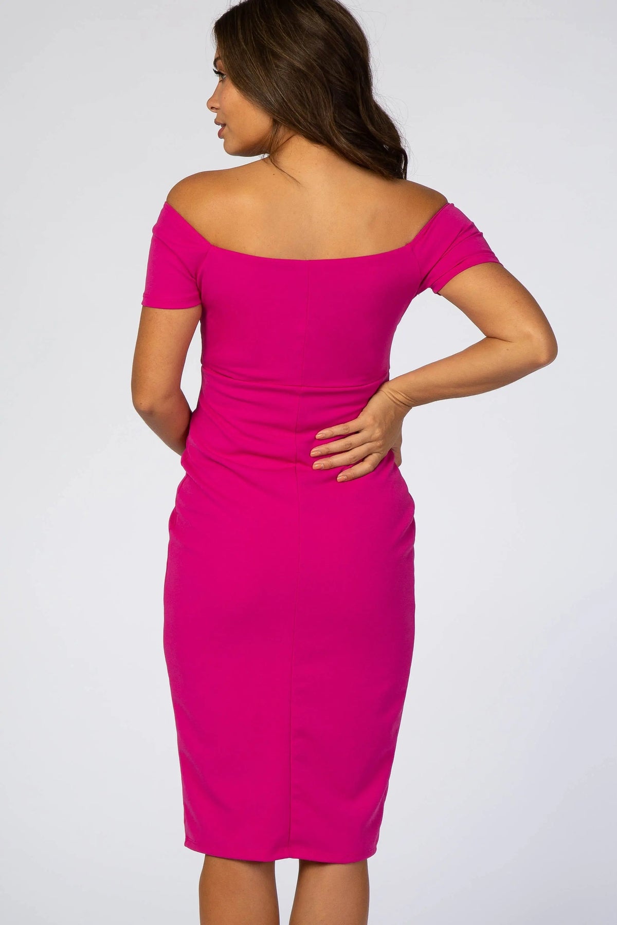PinkBlush Magenta Solid Off Shoulder Maternity Fitted Dress - 