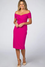PinkBlush Magenta Solid Off Shoulder Maternity Fitted Dress - 