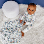 Convertible coverall with a Hanukkah menorah print, shown with footed legs and a full-length front zipper.