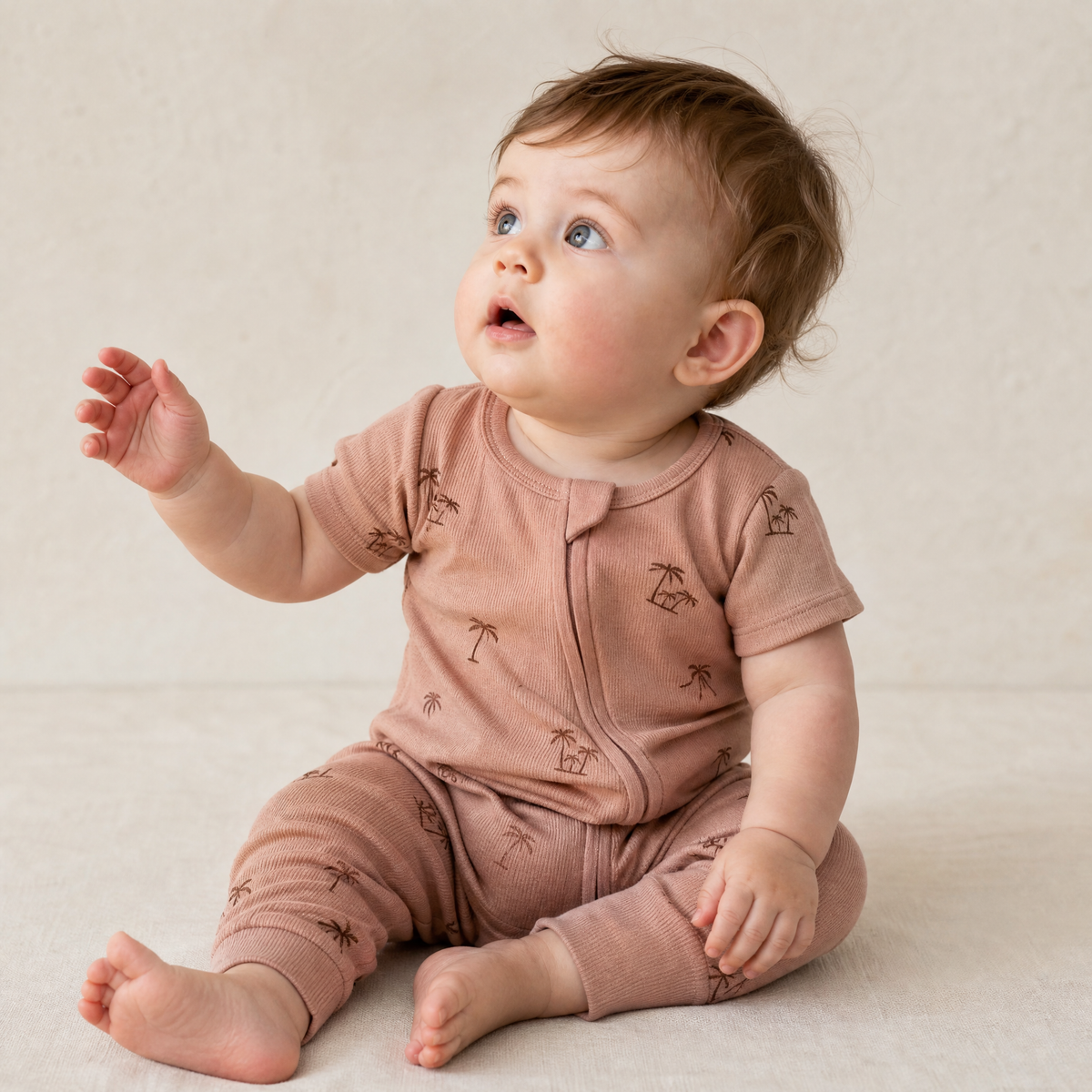 Organic Short Sleeve Zip Romper - Island Palm by Makemake Organics at Everetts Place