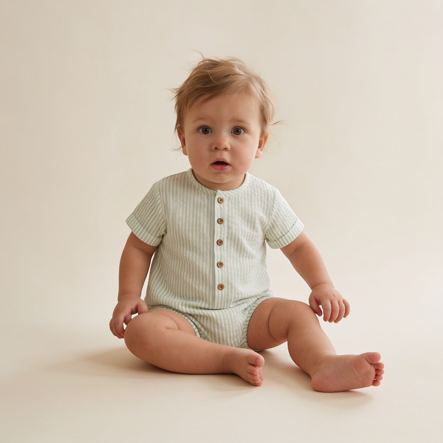 Organic Short Bubble Romper - Basil Stripes by Makemake Organics at Everetts Place