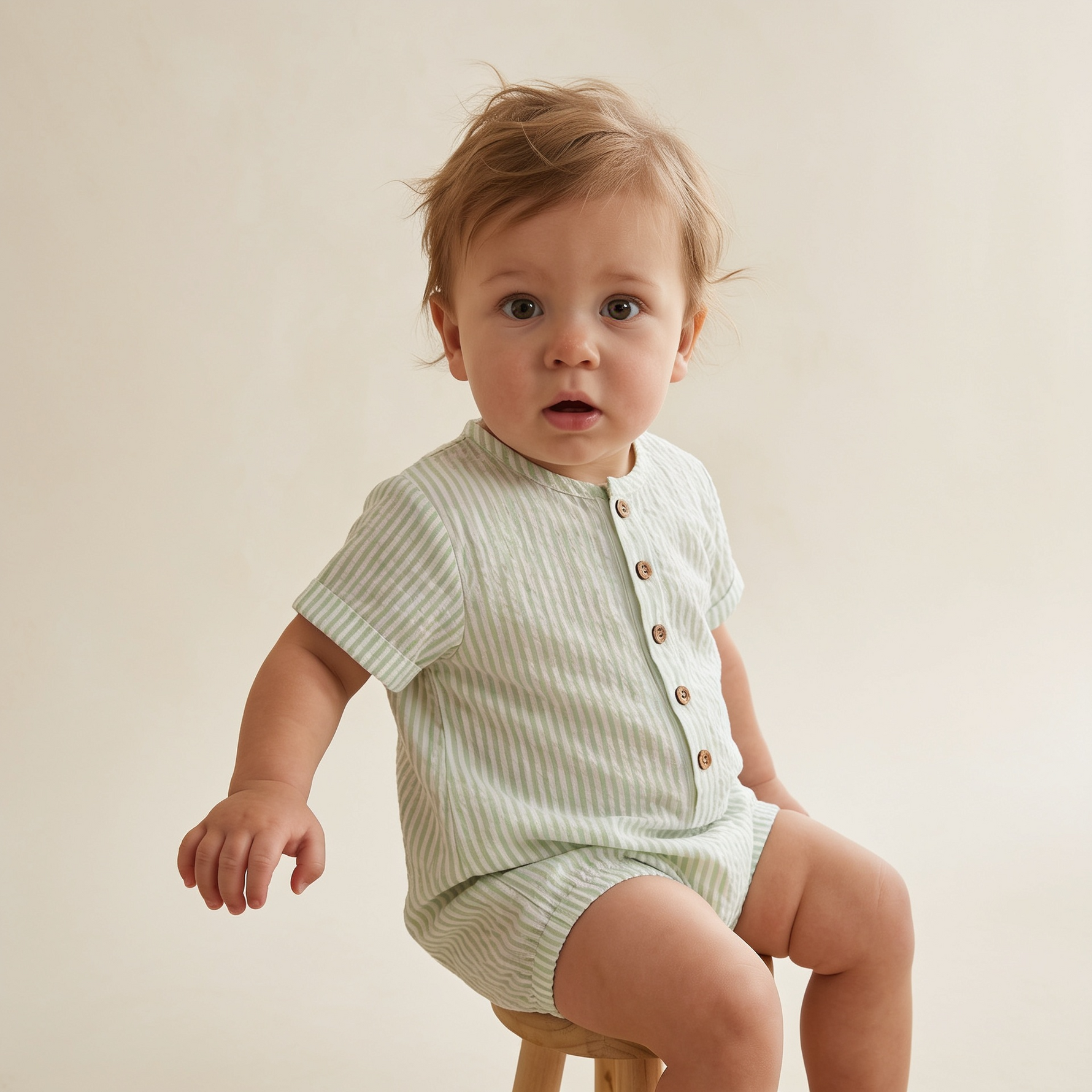 Organic Short Bubble Romper - Basil Stripes by Makemake Organics at Everetts Place