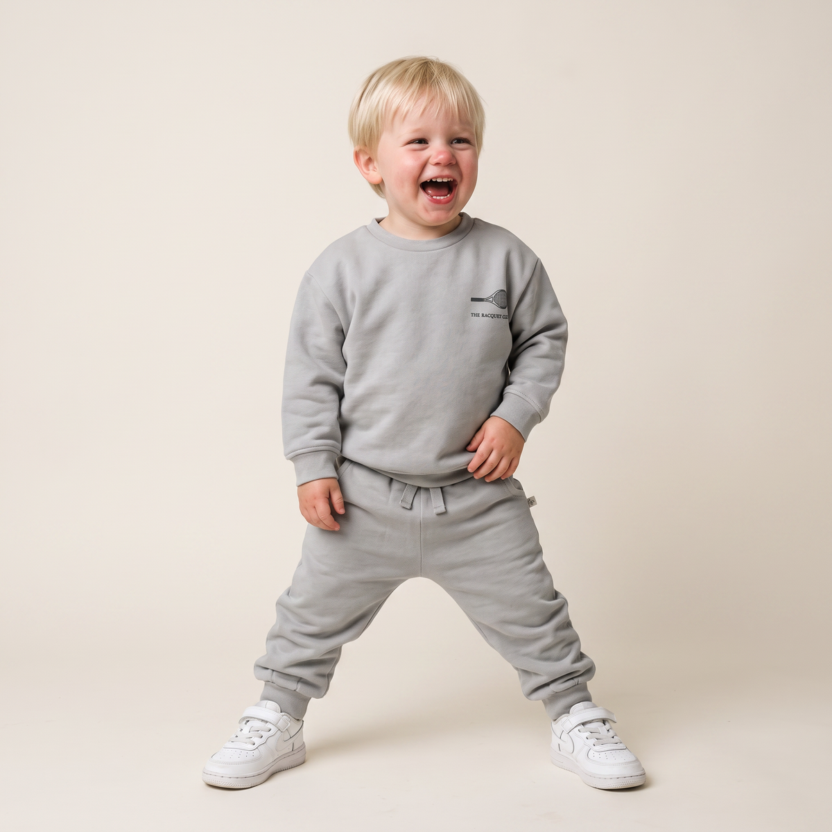 Grey fleece jogger pants for babies and toddlers with cuffed ankles