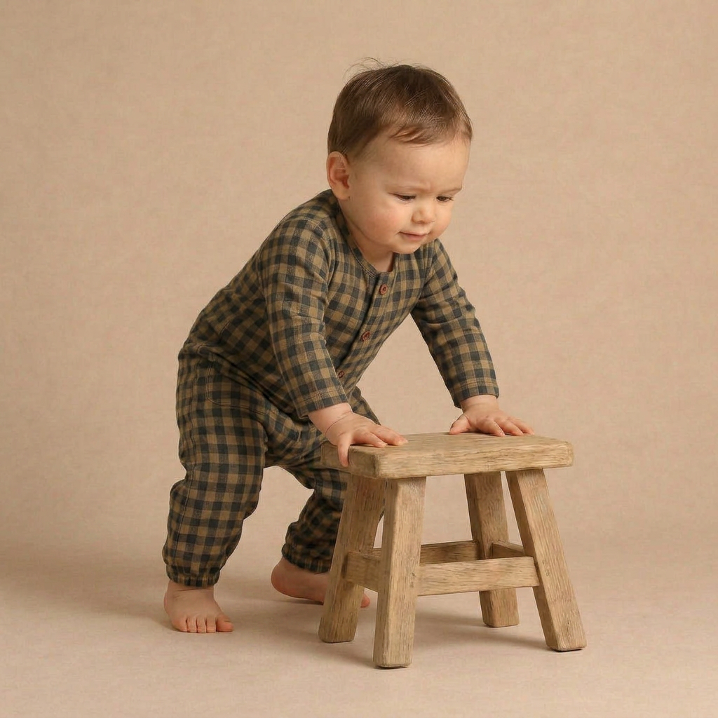 Organic Long Sleeve Button Romper - Olive Gingham by Makemake Organics