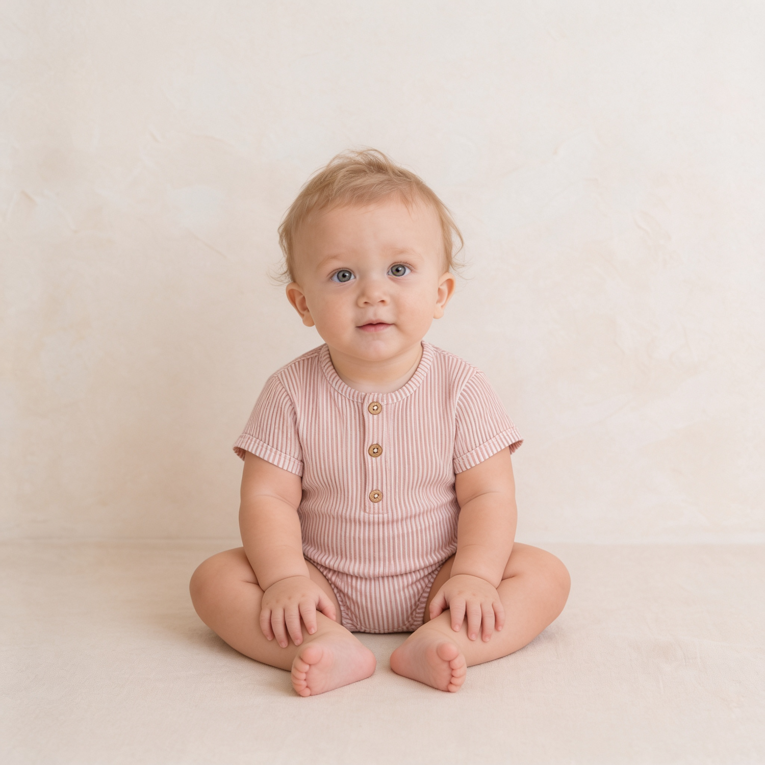 Organic Short Bubble Romper - Coral Stripes by Makemake Organics at Everetts Place