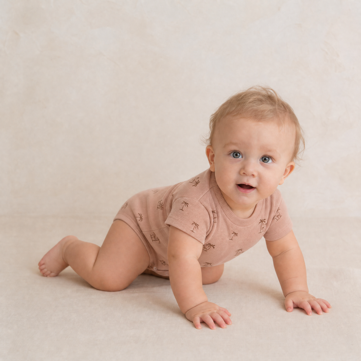 Organic Short Bubble Romper - Coral Stripes by Makemake Organics at Everetts Place