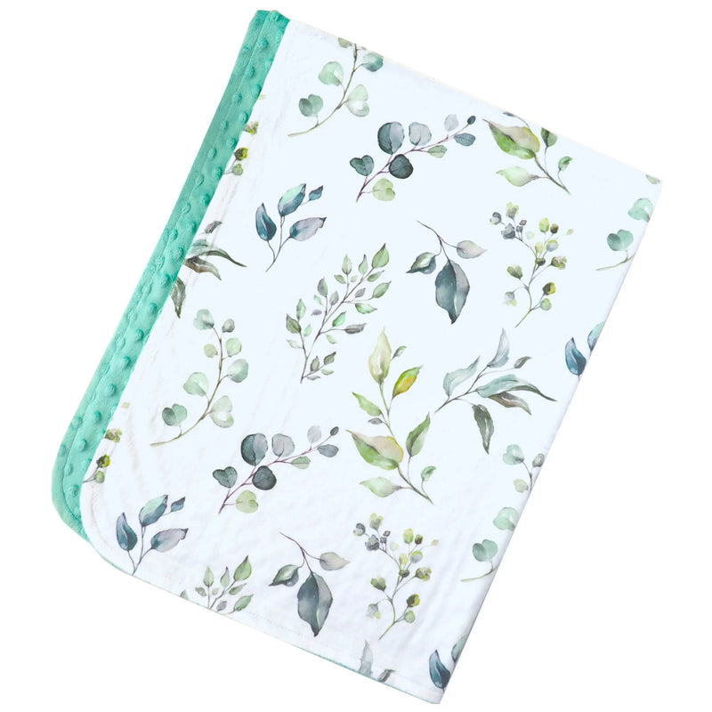 Premium baby and toddler minky blanket with eucalyptus greenery pattern, soft and lightweight for delicate skin.