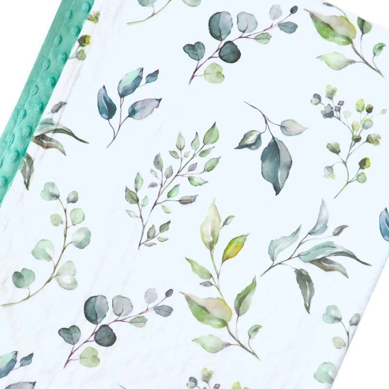 Premium baby & toddler minky blanket with eucalyptus greenery pattern and minky texture.