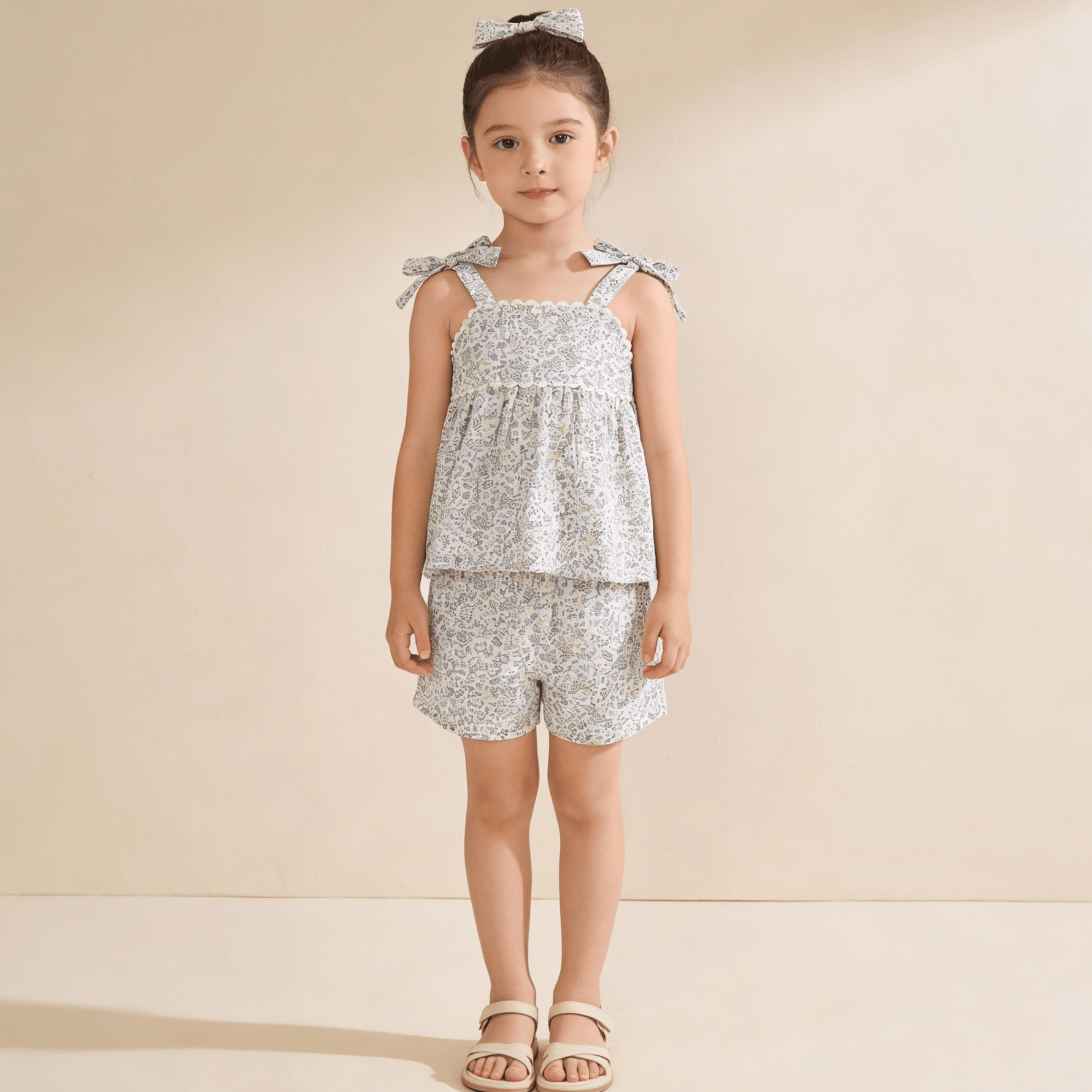 Makemake Organics Makemake Organics Adjustable Tie Up Top And Shorts Set With Floral Tulle For Baby Girls