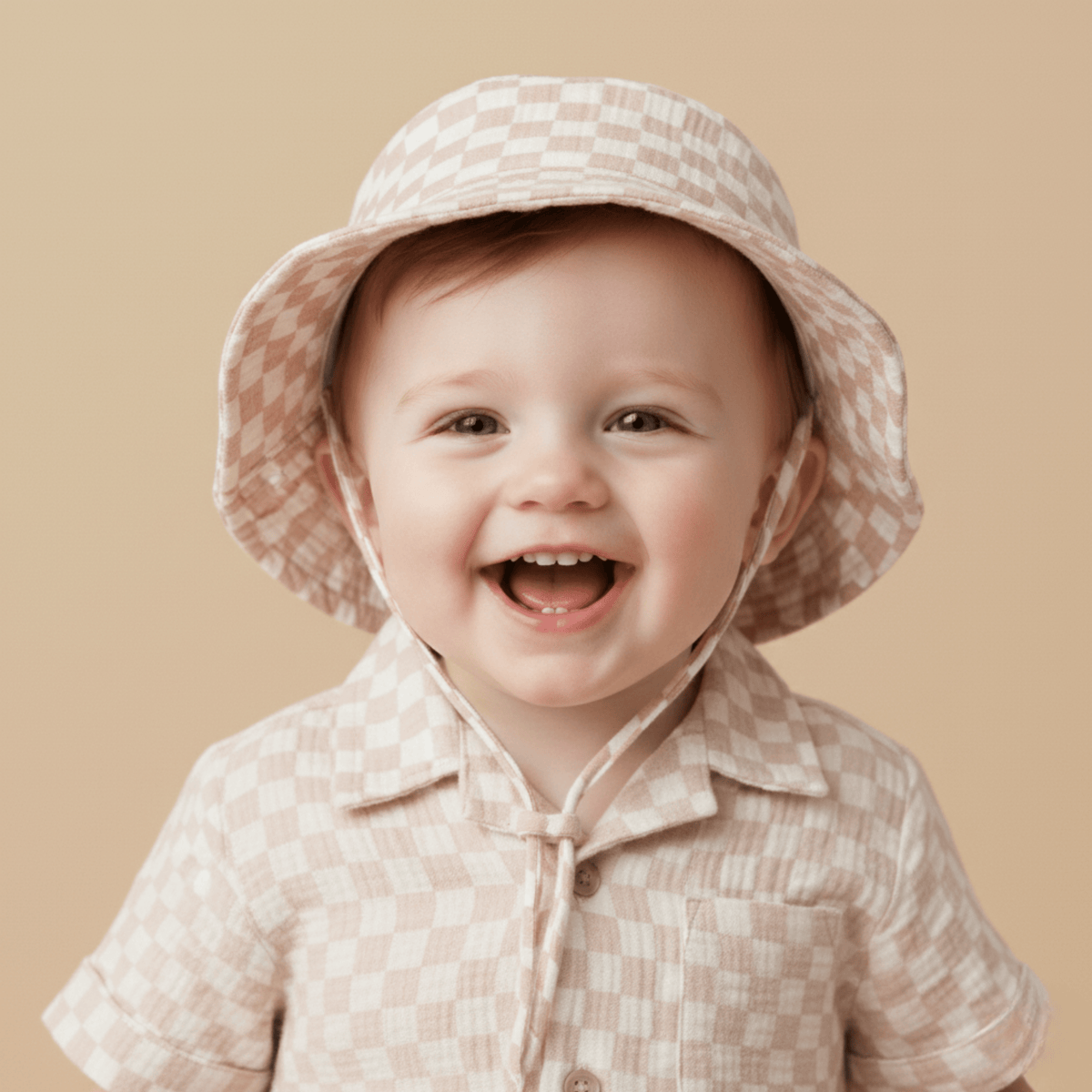 Organic Bucket Sun Hat - Brick Checks - Hat, Baby & Toddler Clothing, Headgear, Child, Facial expression | Everetts Place