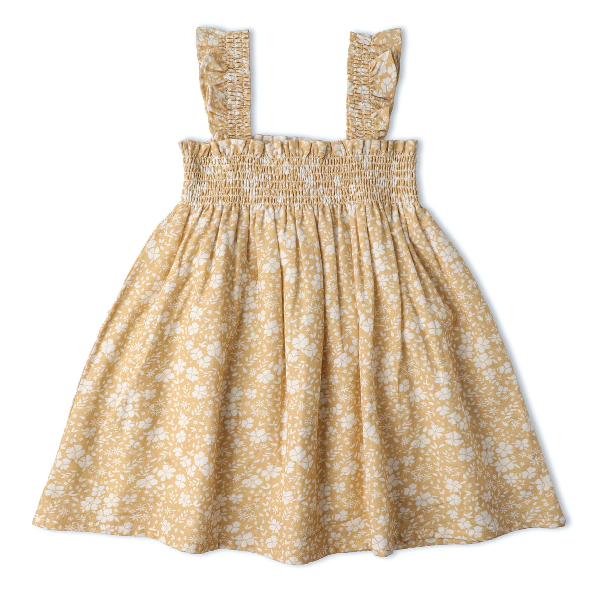 Makemake Organics Makemake Organics Baby Girl Sundress Breathable Linen Cotton Smocked Bodice Yellow Blossom Print