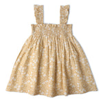 Makemake Organics Makemake Organics Baby Girl Sundress Breathable Linen Cotton Smocked Bodice Yellow Blossom Print