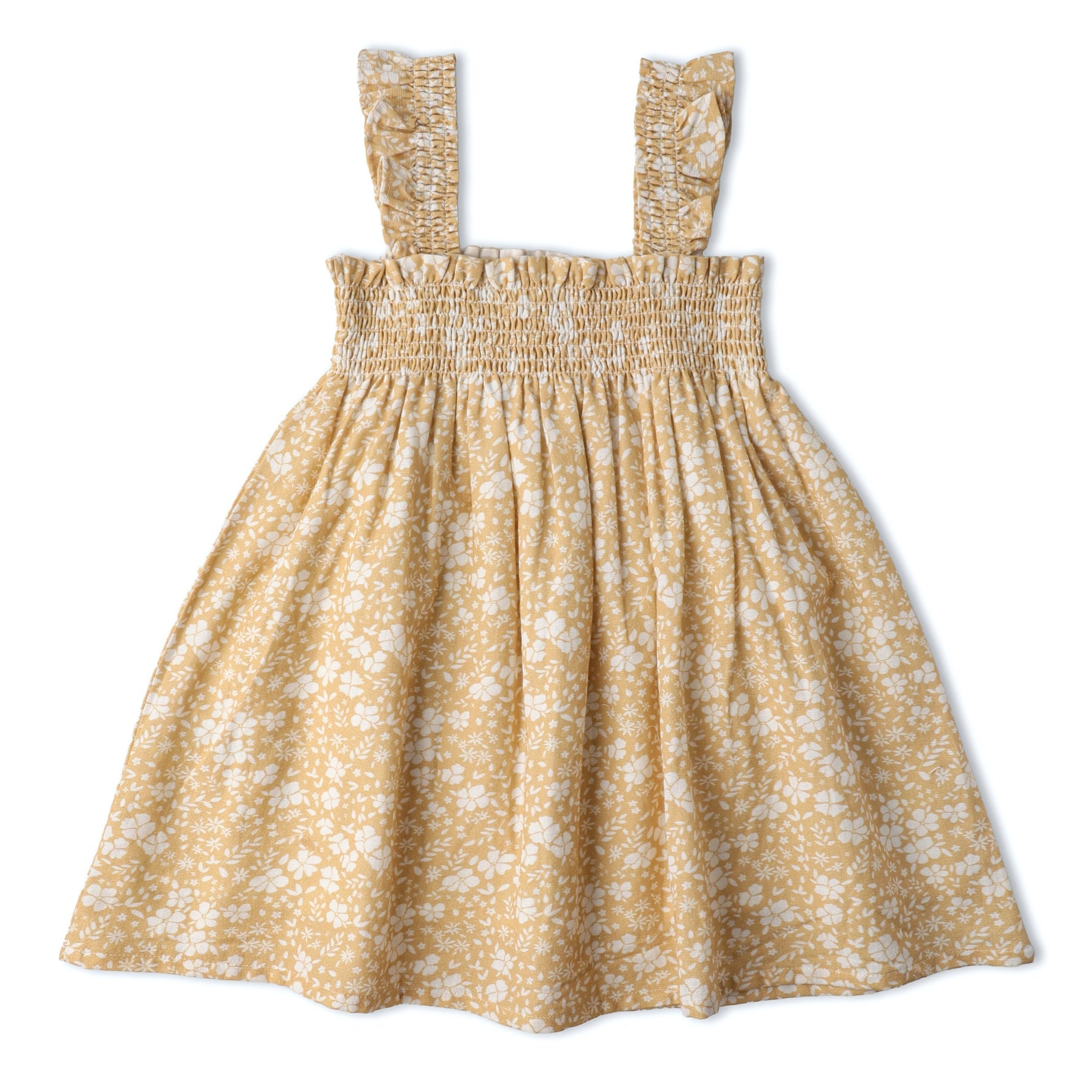 Makemake Organics Makemake Organics Baby Girl Sundress Breathable Linen Cotton Smocked Bodice Yellow Blossom Print