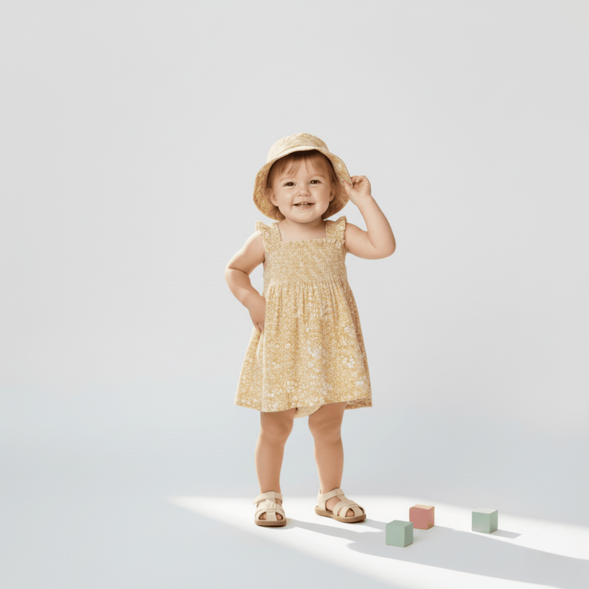 Makemake Organics Makemake Organics Baby Girl Sundress Breathable Linen Cotton Smocked Bodice Yellow Blossom Print